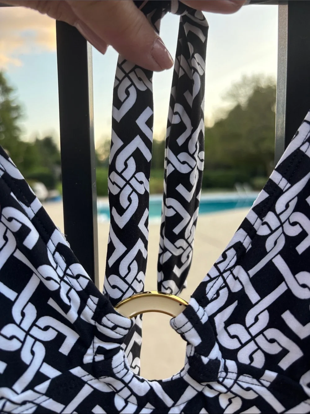 Chain  Black & White Chain-Print One-Piece Swimsuit Gold Ring at Bust